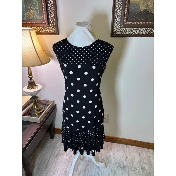 Designer Vintage 8 Black Polka Dot Dress Sleeveless Ruffle Frank Lyman dress - Picture 3 of 10